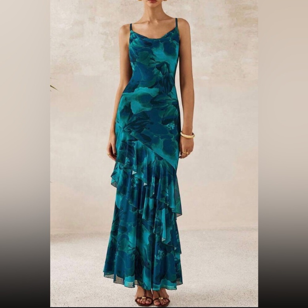 Sleeveless Teal Floral Ruffled Maxi Dress